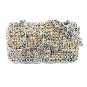 CHANEL Chain Shoulder Bag in Tweed with Rhinestones, Gray, Gold, and Silver H...